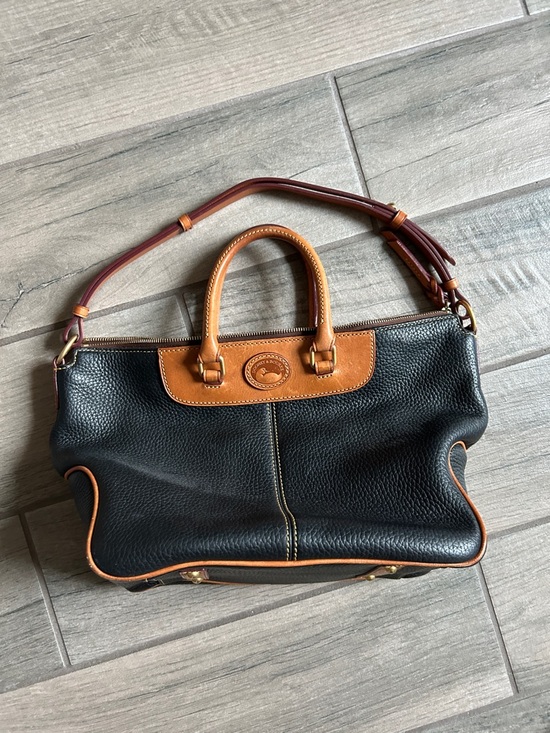 Dooney & Bourke Handbags - Dooney & Bourke Black Pebbled Leather Satchel with Tan Trim and Brown Strap
